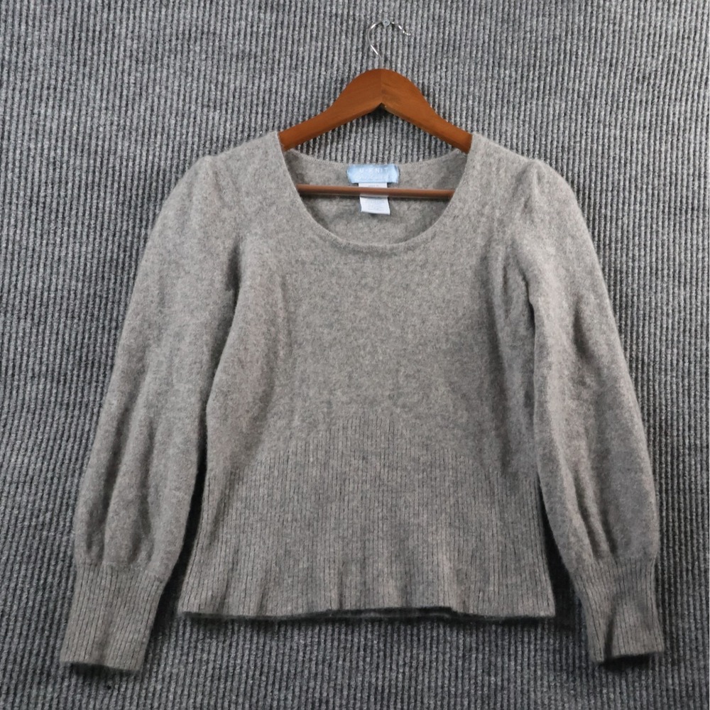 U-Knit Pure Cashmere Women's XL Gray Flannel Puff Sleeve Ribbed Pullover Sweater - Picture 2 of 9